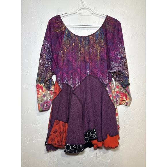 Womens hand knit patchwork tunic top large lagenlook artsy boho art to‎ wear - Picture 6 of 9